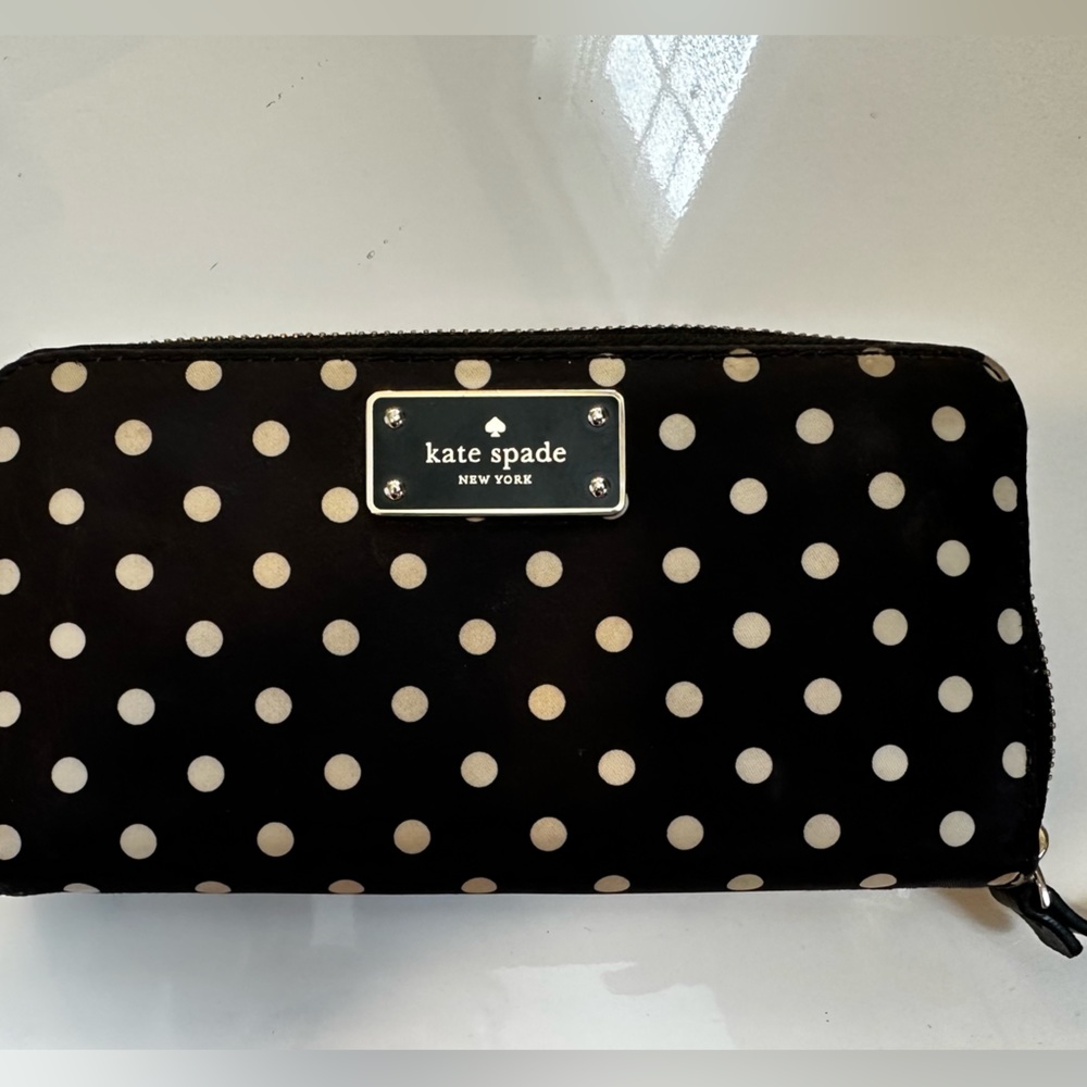 Kate Spade large wallet, black with white poka dots.